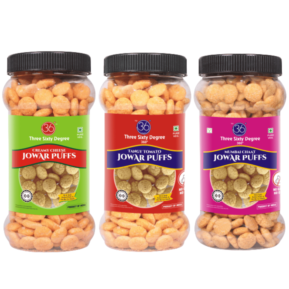 360 Three Sixty Degree Slow Roasted Creamy Cheese, Tangy Tomato & Mumbai Chaat Jowar Puffs Combo (3Jars x 80grams) 240Grams |High Protein |Namkeen|Maida Free