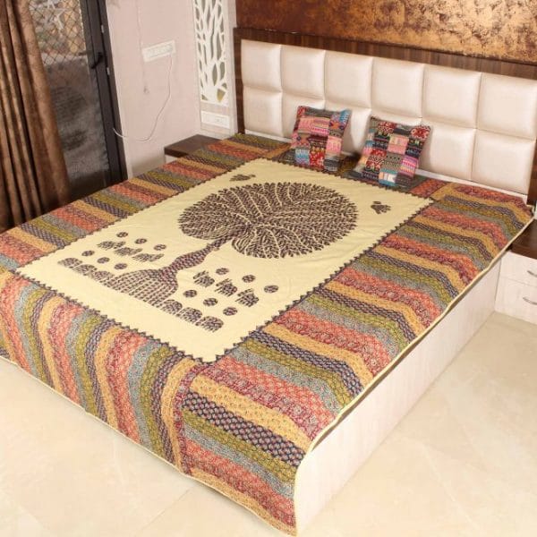 Tribes India Handmade Tree Of Life Applique Bed Cover / Bed Sheet (108×90 Inches) (1TTXHOMRJ12649)