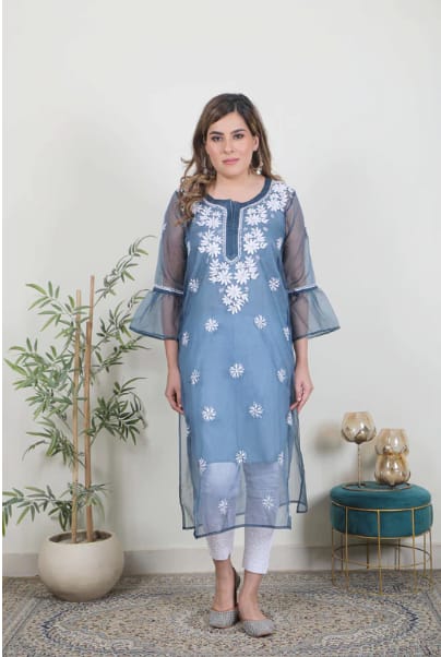 NOORAIN LUCKNOWI CHIKANKARI ORGANZA KURTI