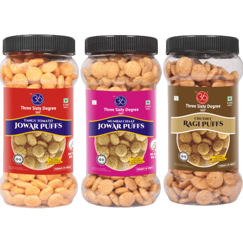 360 Three Sixty Degree Slow Roasted Tangy Tomato, Mumbai Chaat Jowar + Chutney Ragi Puffs Combo (3Jars x 80grams) 240 Grams |High Protein |Namkeen | Maida Free