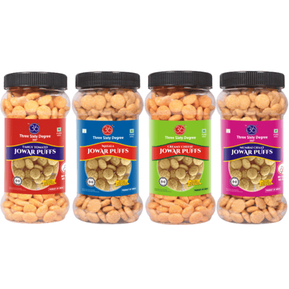 360 Three Sixty Degree Slow Roasted Masala, Tangy Tomato, Mumbai Chaat & Creamy Cheese Jowar Puffs (Combo 4Jars x 80grams) 320 Grams|High Protein |Namkeen| Maida Free|