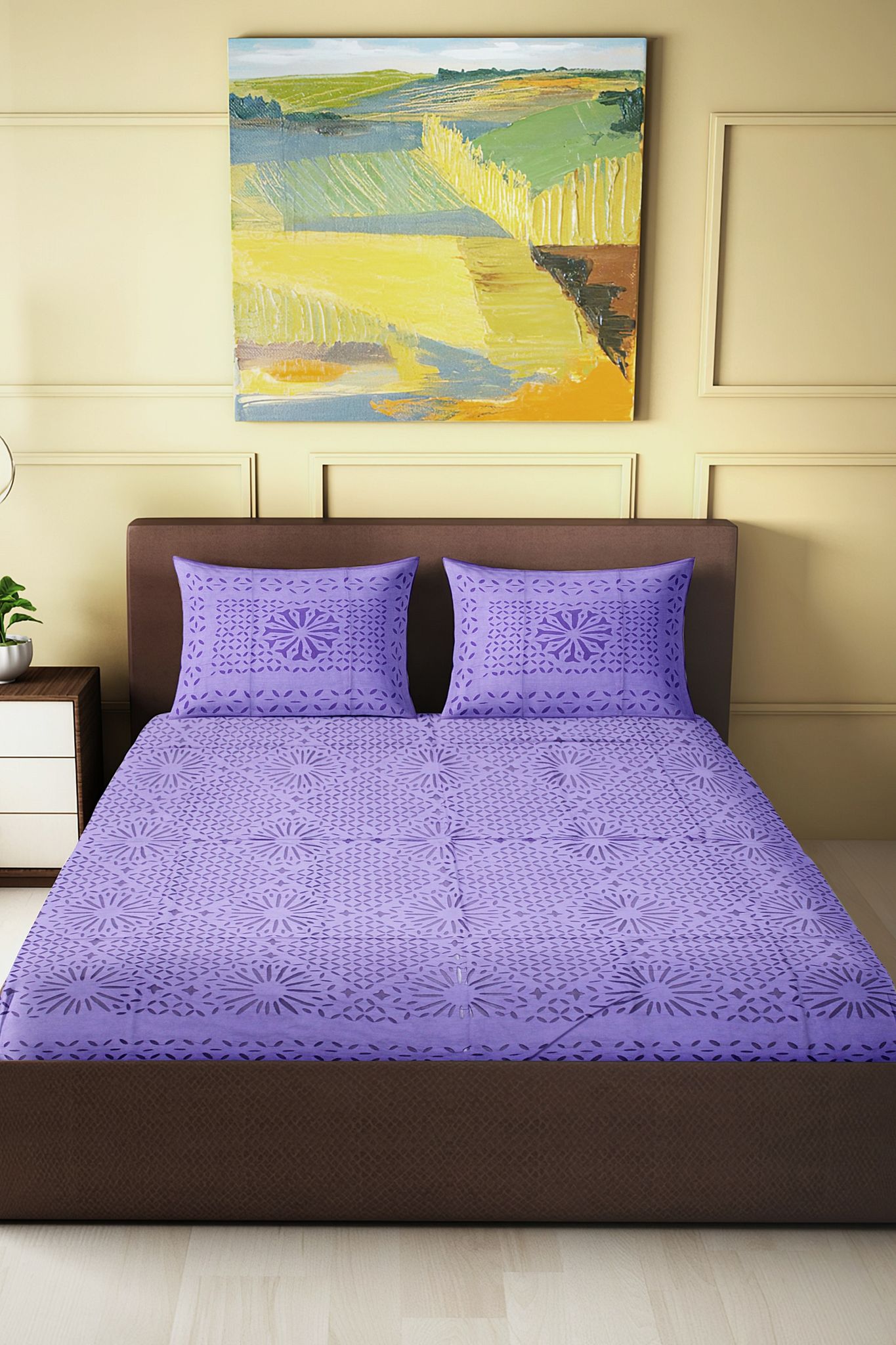 Garvi Gurjari (A Gujarat Govt Enterprise) Handmade Purple Applique Work Cotton Bed Cover Set With Pillow Covers