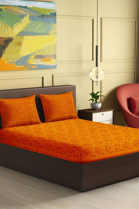 Garvi Gurjari (A Gujarat Govt Enterprise) Handmade Orange Applique Work Cotton Bed Cover Set With Pillow Covers