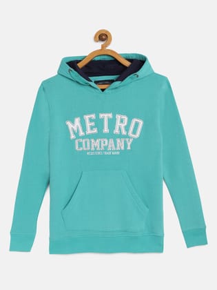 Boys Turquoise Blue Organic Cotton Self Design Hooded Sweatshirt