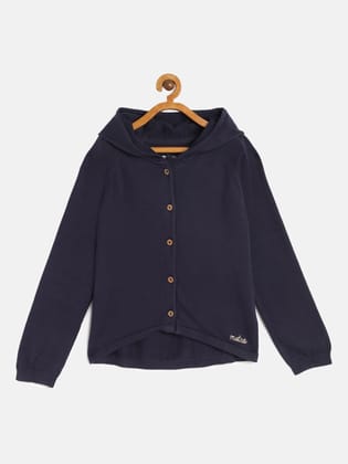 Girls Navy Blue Solid Hooded Cardigan Sweater