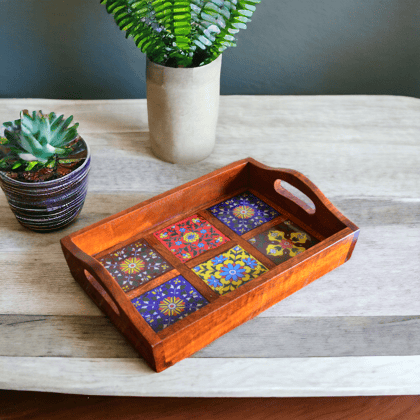 Wooden tray, wooden tiles tray, jaipur blue pottery tiles tray ,home decor,Diwali gifting