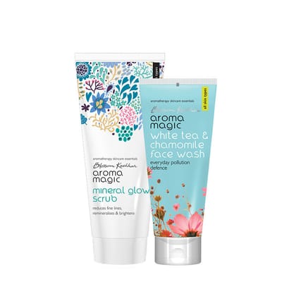 Aroma Magic Mineral Glow Scrub & White Tea Chamomile Face Wash Combo All Skin Types ( 100 gm each) Pack of 2