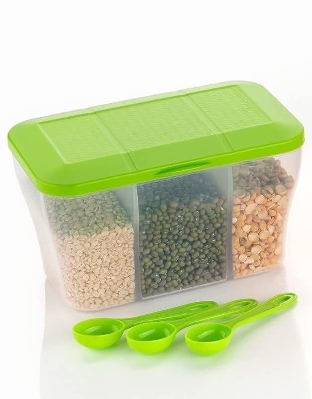 HAPPI Multipurpose Plastic 3 In 1 Masala Box for Kitchen, Spice Boxes for Kitchen, Transparent Storage Containers Airtight Grocery,Cereal,Dry Fruits Dabba 1100 Ml with 3 Spoons(Green)