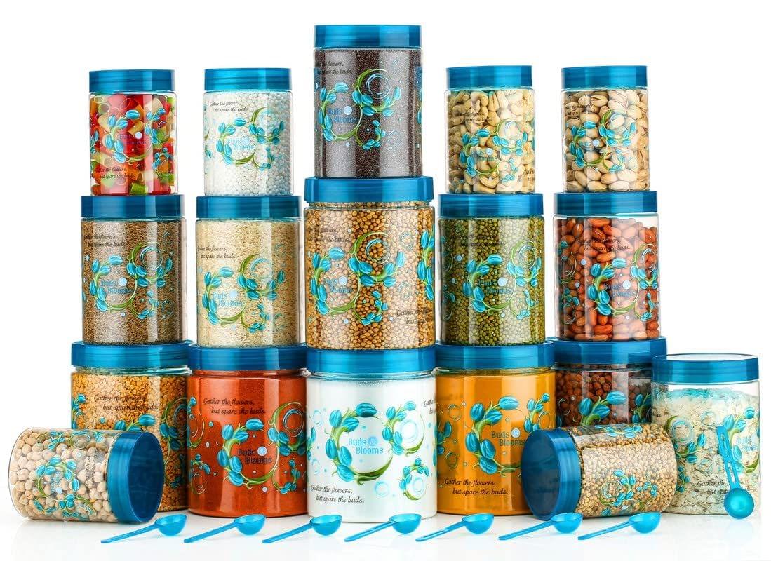 HAPPI Multipurpose Unbreakable Plastic Flower Printed Airtight Container Set Masala Box For Kitchen Storage Box Dabba For Spice, Pack of 18 (6 Pcs of Each 350ml, 650ml, 1200ml with 18 Spoons)