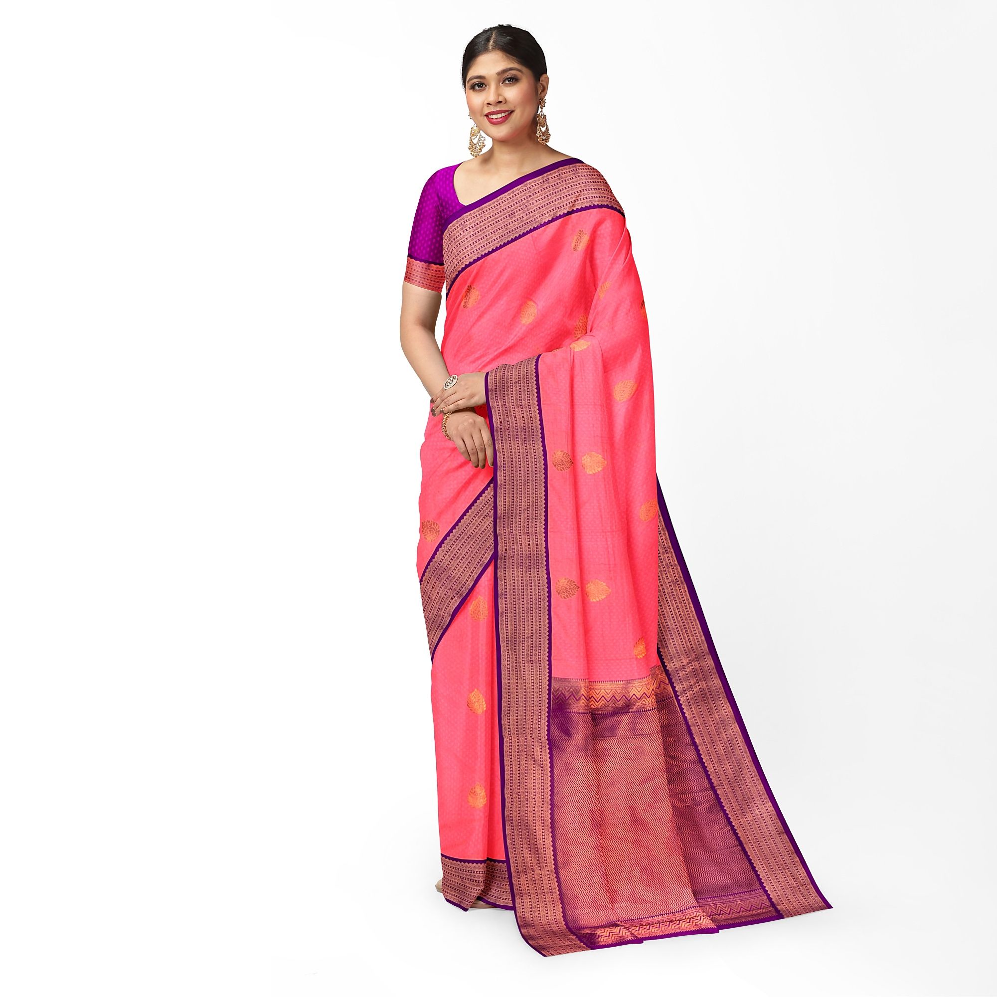 Peach Pink Color Thilagam Design Saree with Unstitched Blouse