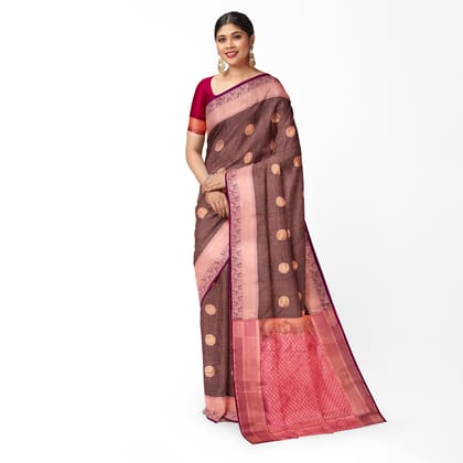 Chocolate Brown Color Circle Design Saree with Unstitched Blouse