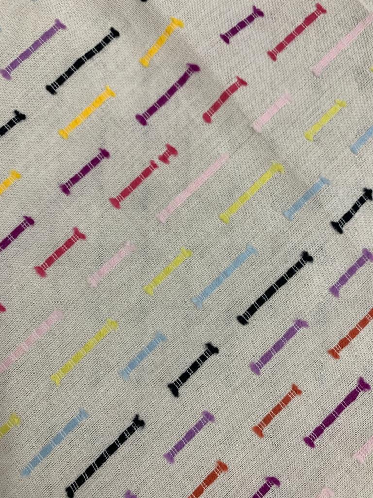 CPY010-Cotton-Whimsical Spectrum: White with Colorful Lines Cotton Fabric 3 Meters