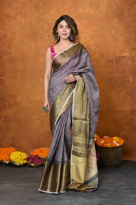 Designed By VMI~ Handloom Pure Organic Linen Saree With Handblock Print