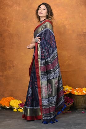 Designed By VMI~ Handloom Pure Organic Linen Saree With Handblock Print