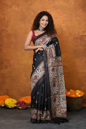 Designed By VMI~ Handloom Pure Tussar Silk Saree With Beautiful Madhubani Print