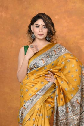 Designed By VMI~ Handloom Pure Tussar Silk Saree With Beautiful Madhubani Print