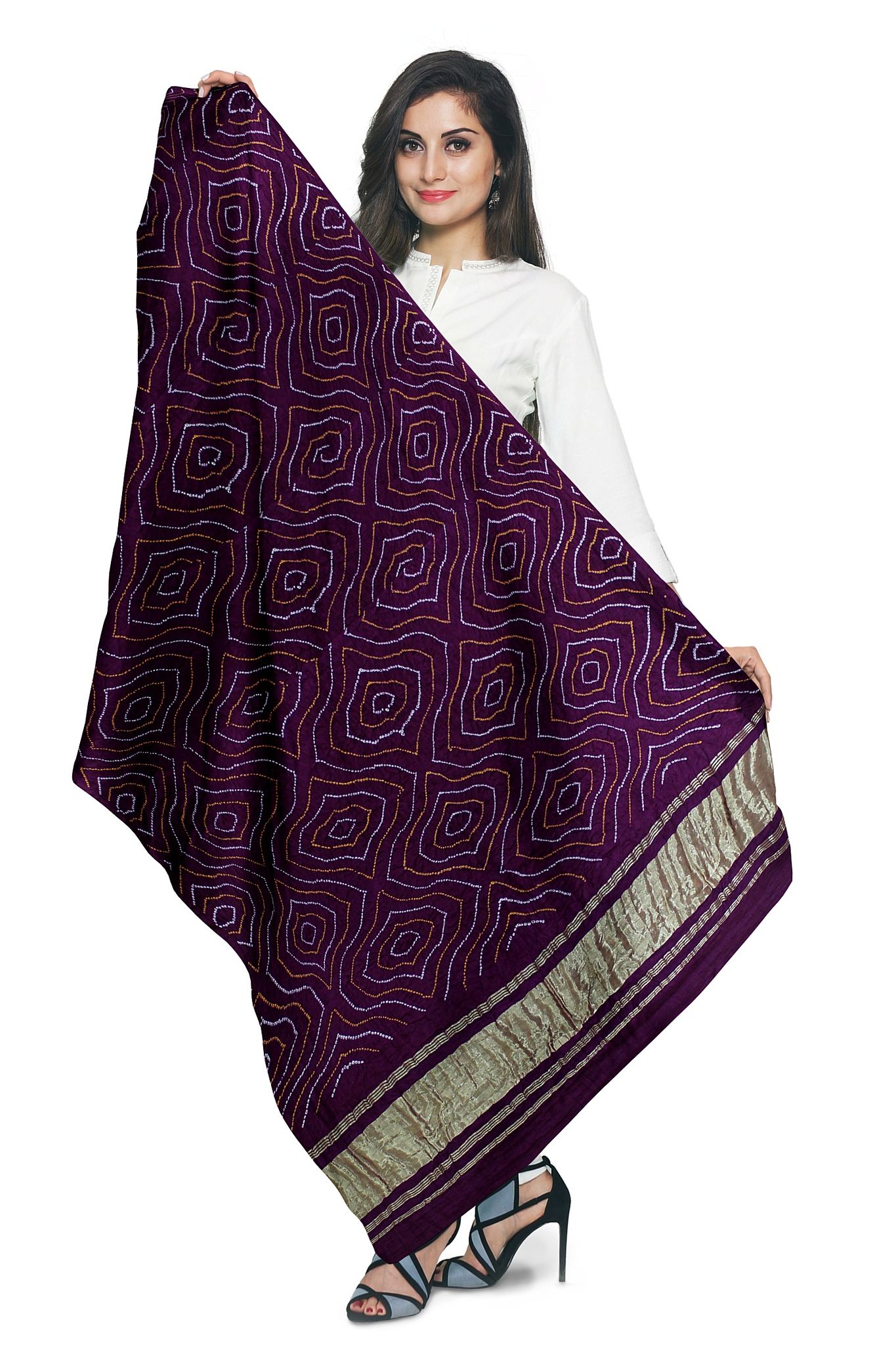 Garvi Gurjari (A Gujarat Govt Enterprise) Purple Handwoven Gaji Silk Bandhani Dupatta(GGCGBD21)