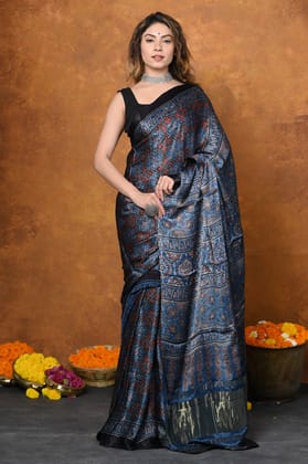 Handloom Modal Silk Saree With Ajrakh Handblock Print With Eco-Friendly Vegetable Dye