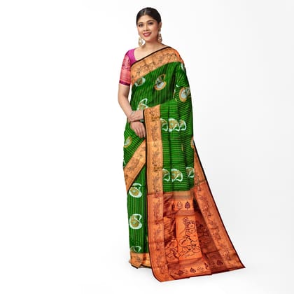 Dark Green Color Meena Work Mango Butta Saree with Unstitched Blouse