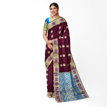 Dark Brown Color Fancy Butta Zari Border Saree with Unstitched Blouse