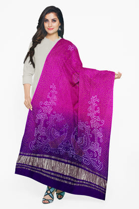 Garvi Gurjari (A Gujarat Govt Enterprise) Pink and Purple Handwoven Gaji Silk Bandhani Dupatta(GGCGBD30)