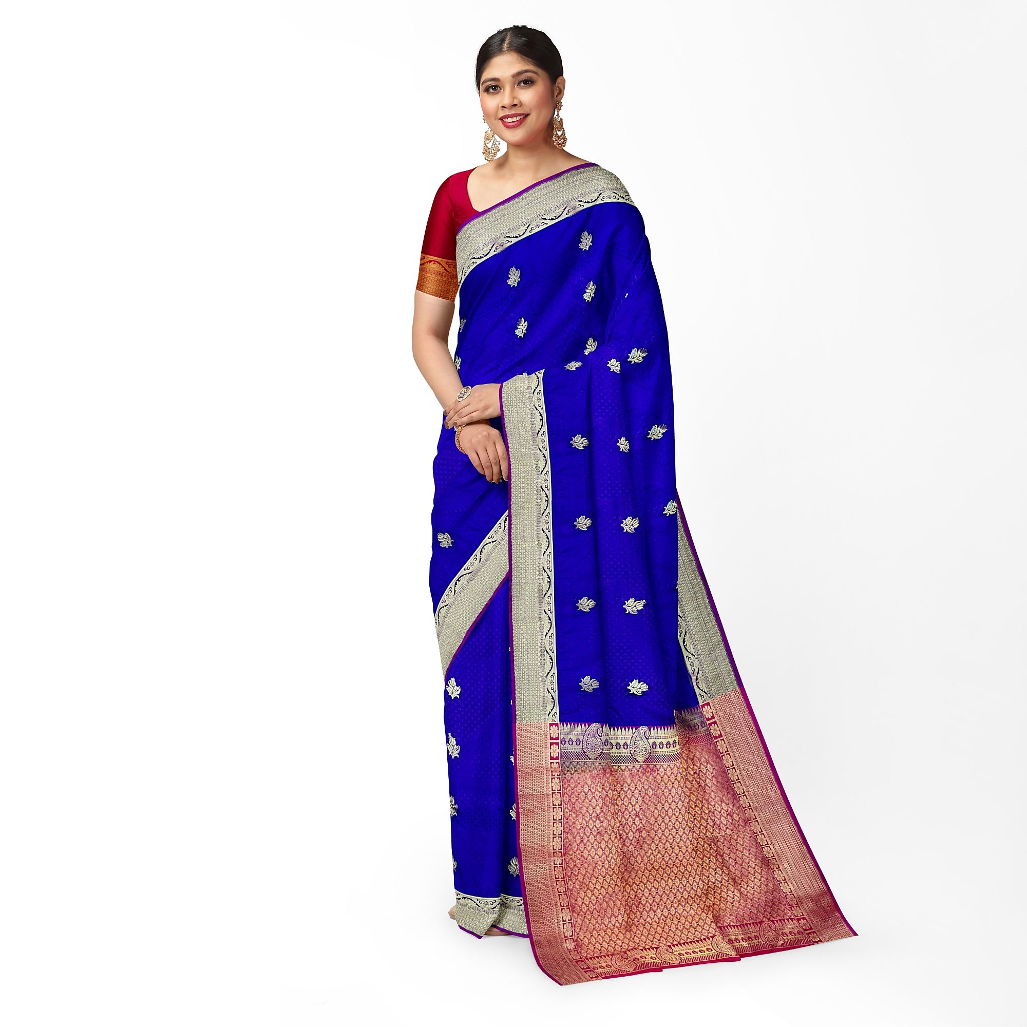 Dark Blue Small Floral Butta Saree with Unstitched Blouse