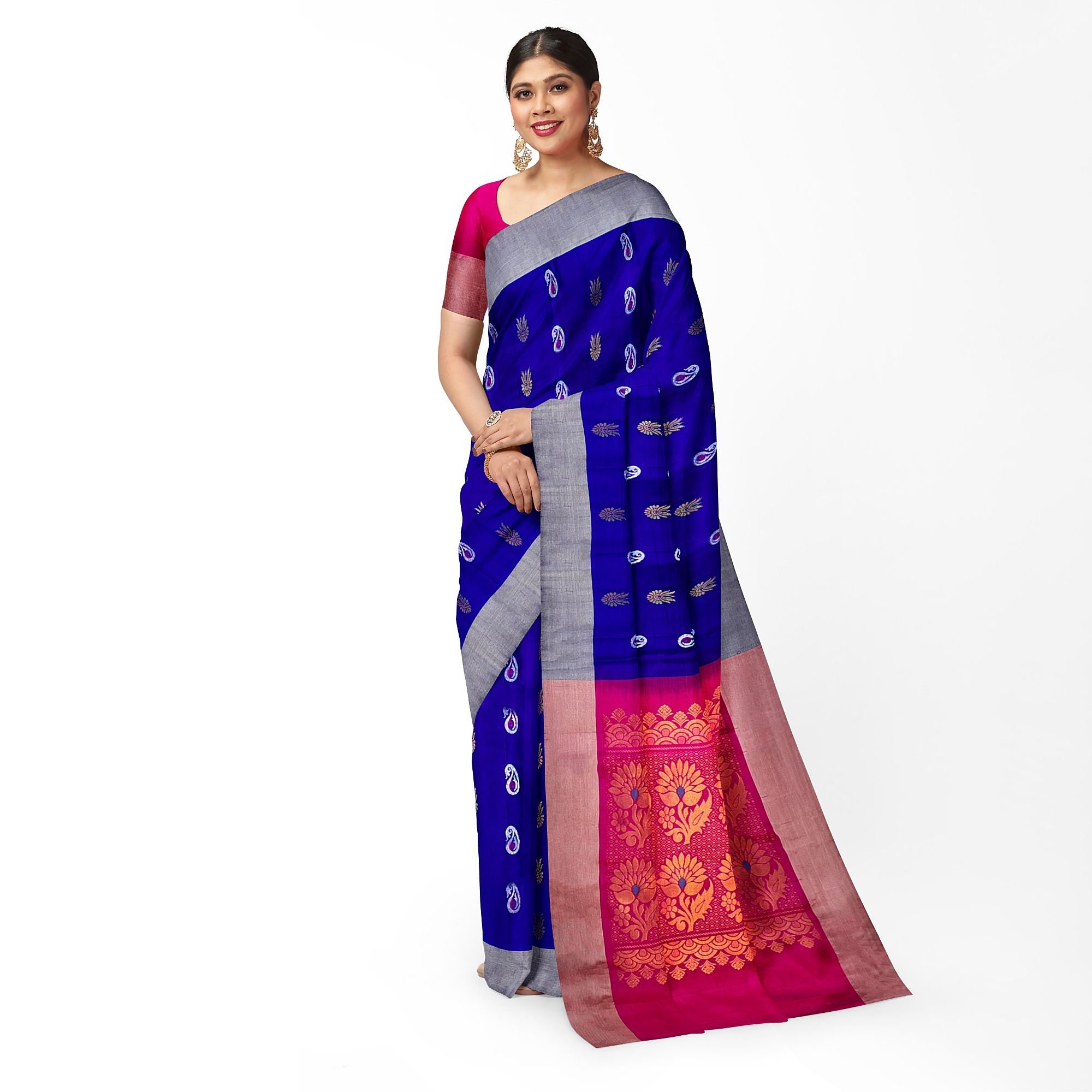 Admiral Blue Beautiful Mango & Lotus Meena Work Butta Pure Kanjivaram Silk Saree