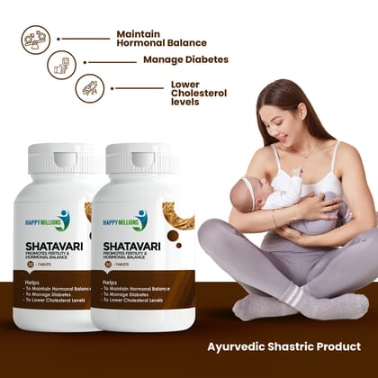 Happy Millions Ayurvedic Shatavari - Promotes Fertility & Hormone Balance || 30+30 Tablets
