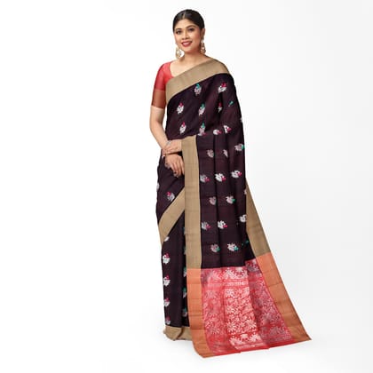 Dark Brown Color Floral Butta Pure Kanjivaram Silk Saree