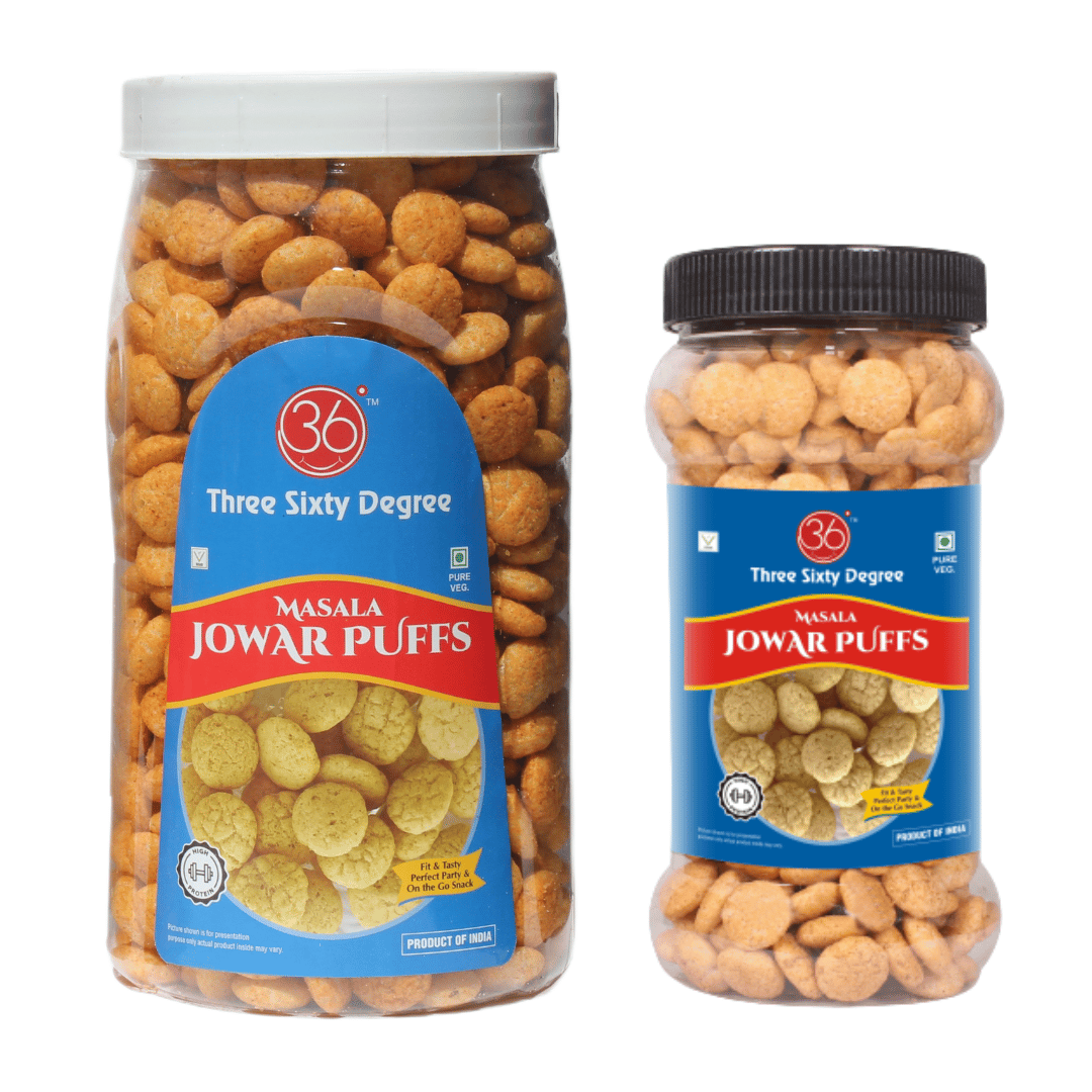 360 Three Sixty Degree Slow Roasted Palm Oil Free Masala Jowar Puff Big & Small jar Combo (160 + 80 Grams)