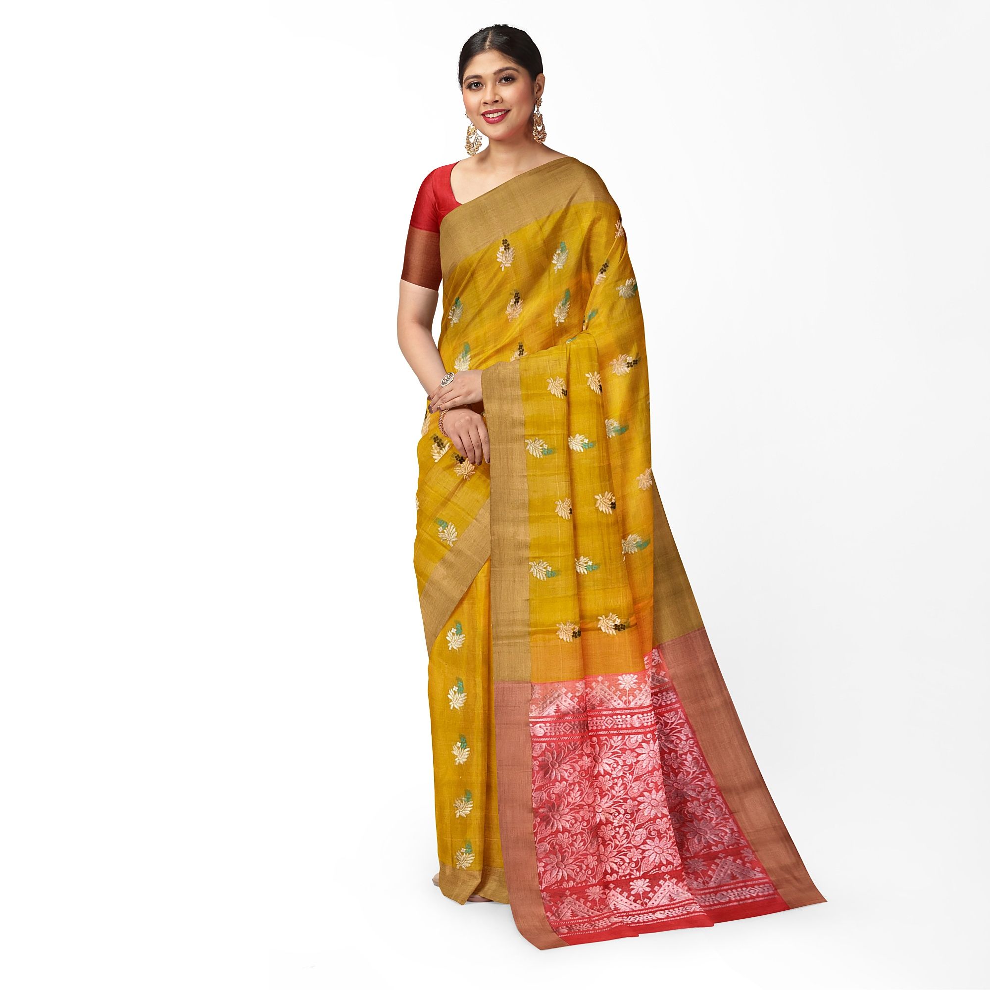 Mustard Yellow Meena Work Floral Butta Pure Kanjivaram Silk Saree