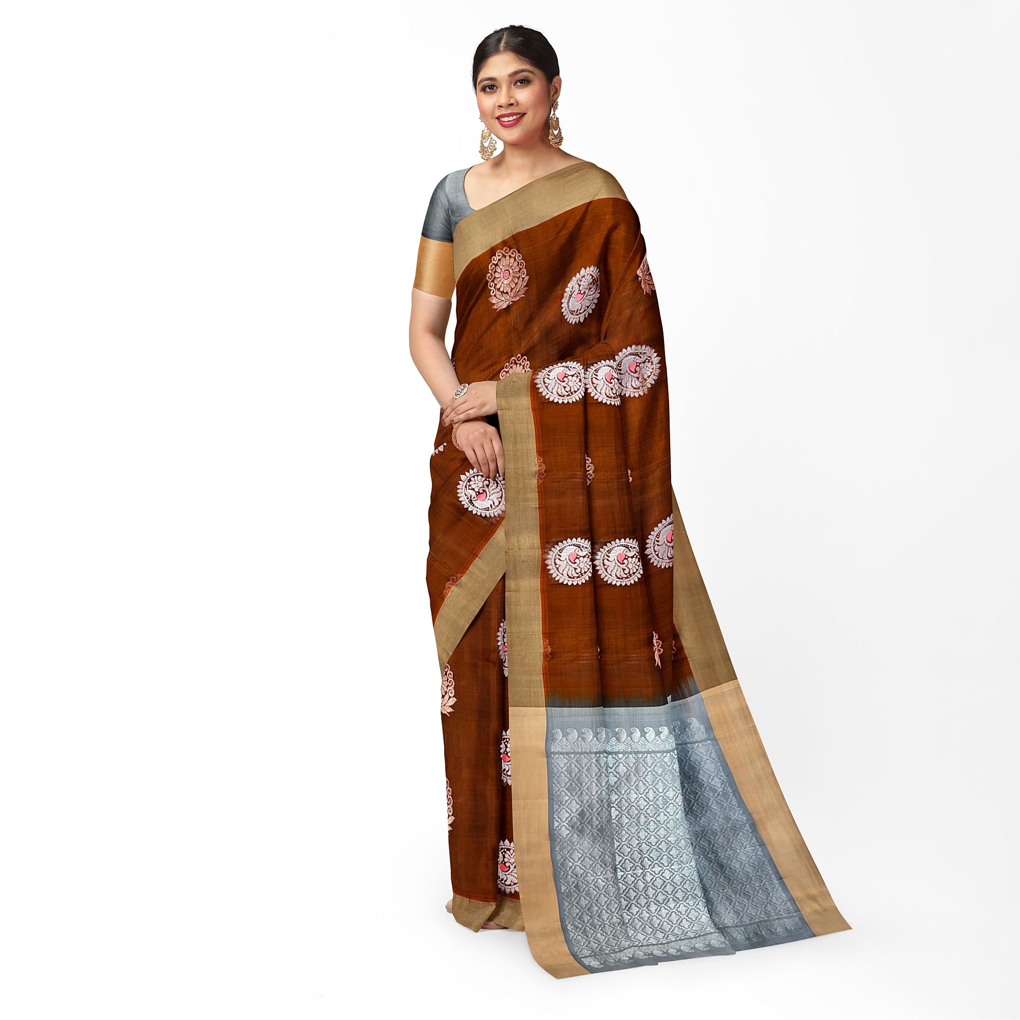 Cinnamon Brown Color Meena work Big Floral & Peacock Butta Pure Silk Saree