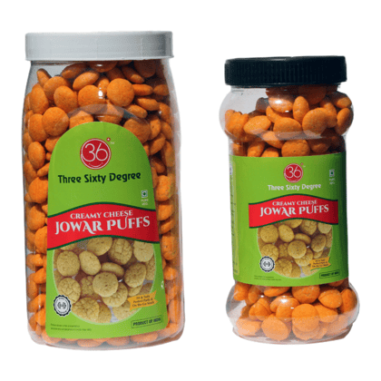 360 Three Sixty Degree Slow Roasted Palm Oil Free Jowar Puffs Creamy Cheese Combo Jar Big & Small (160GM + 80GM)