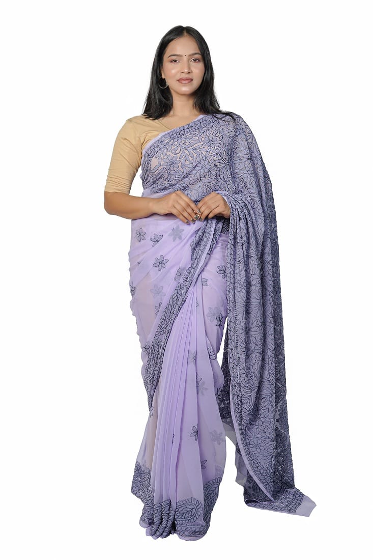 VASU INC. Handmade Lucknow Chikankari Purple Saree ms005