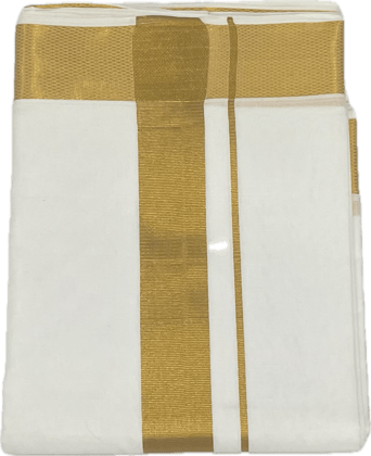 Traditional White Cotton Free Size Double Dhoti/Mundu with Big Gold Border with 1-Angvastram Towel 1.80 Meters Length