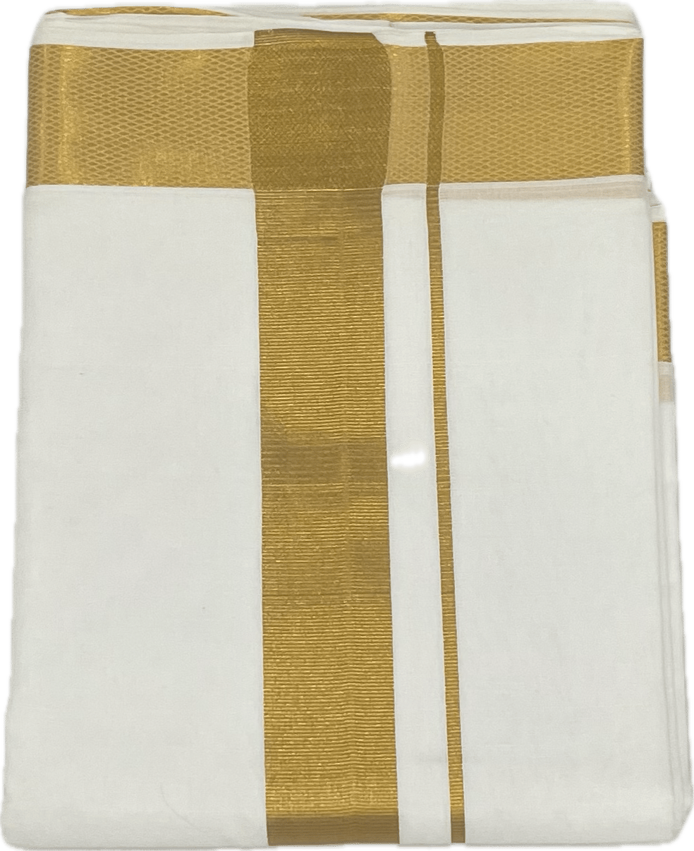 Traditional White Cotton Free Size Double Dhoti/Mundu with Big Gold Border with 1-Angvastram Towel 1.80 Meters Length