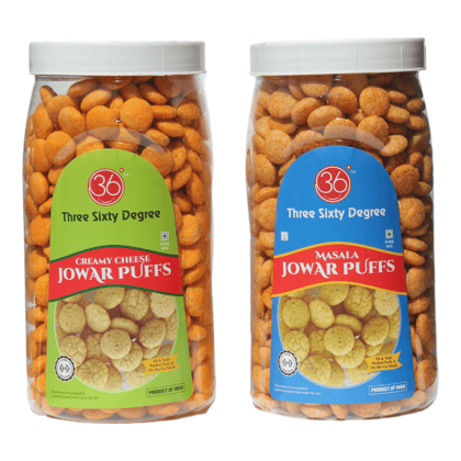 360 Three Sixty Degree Slow Roasted Palm Oil Free Jowar Puffs Masala & Creamy Cheese Big Jar Combo | Pack of 2