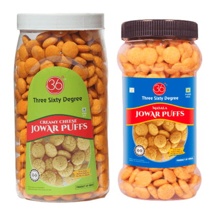 360 Three Sixty Degree Slow Roasted Palm Oil Free Jowar Puffs Creamy Cheese Big Jar & Masala Small Jar Combo