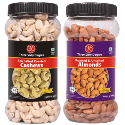 360 Three Sixty Degree Roasted Whole Salted Cashews + Unsalted Almonds 1 K.g (500 Grams x 2 ) JAR COMBO | Crunchy Badam | Crunchy Kaju | Protein Rich Nutritious and Super Tastyl