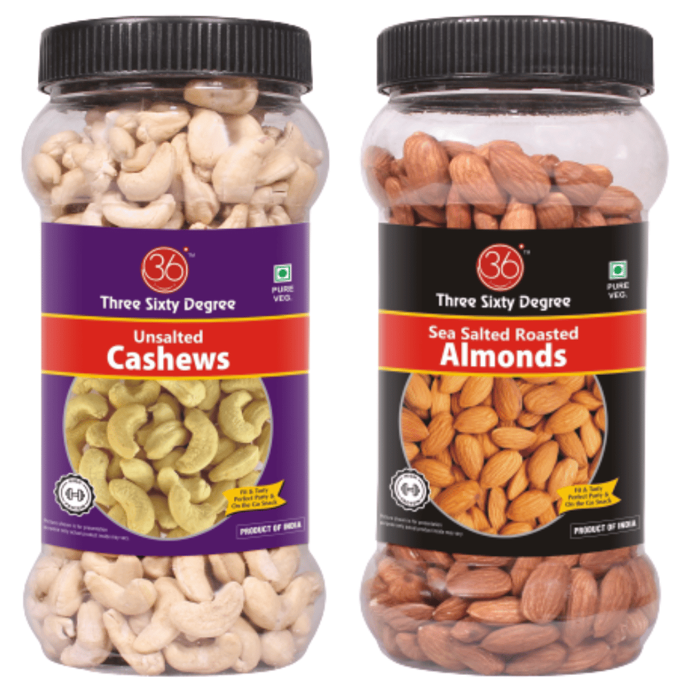 360 Three Sixty Degree Roasted Whole Unsalted Cashews + Salted Almonds 1 K.g (500 Grams x 2 )JAR COMBO | Crunchy Badam | Crunchy Kaju | Protein Rich Nutritious and Super Tasty