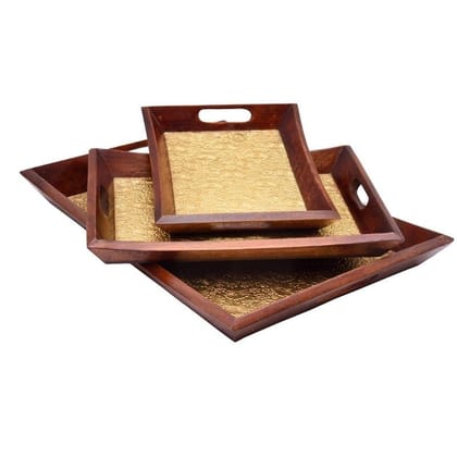 Wooden Brass Serving Tray Setof3