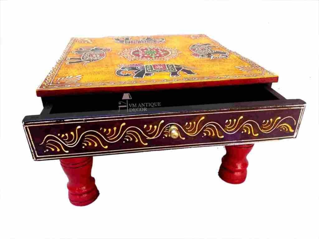 Wooden Elephant Handpainted With Drawer Chowki Table  Indian Bajot Storage Drawer Chest