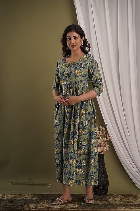 KASHVI Creation Women's Cotton Floral Printed Anarkali Maternity Feeding Kurti-Green