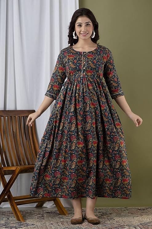 KASHVI Creation Women's Cotton Floral Printed Anarkali Maternity Feeding Kurti-Navy Blue