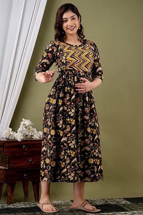 KASHVI Creation Women's Cotton Floral Printed Maternity Feeding Kurta ( Brown)