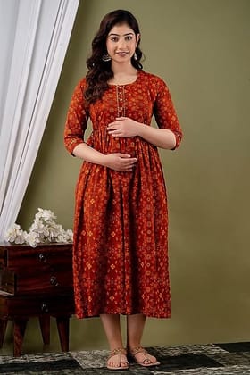 KASHVI Creation Women's Cotton Floral Printed Anarkali Maternity Feeding Kurta (Dark Orange)