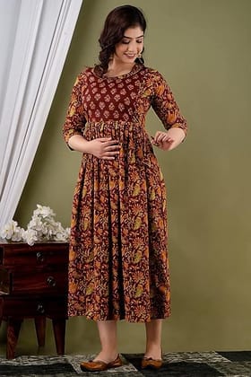 KASHVI Creation Women's Cotton Floral Printed Anarkali Maternity Feeding Kurta ( Brown)