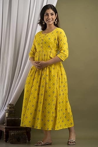 KASHVI Creation Women's Cotton Floral Printed Anarkali Maternity Feeding Kurti ( Yellow)