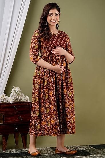 KASHVI Creation Women's Cotton Floral Printed Maternity Feeding Kurti -Maroon