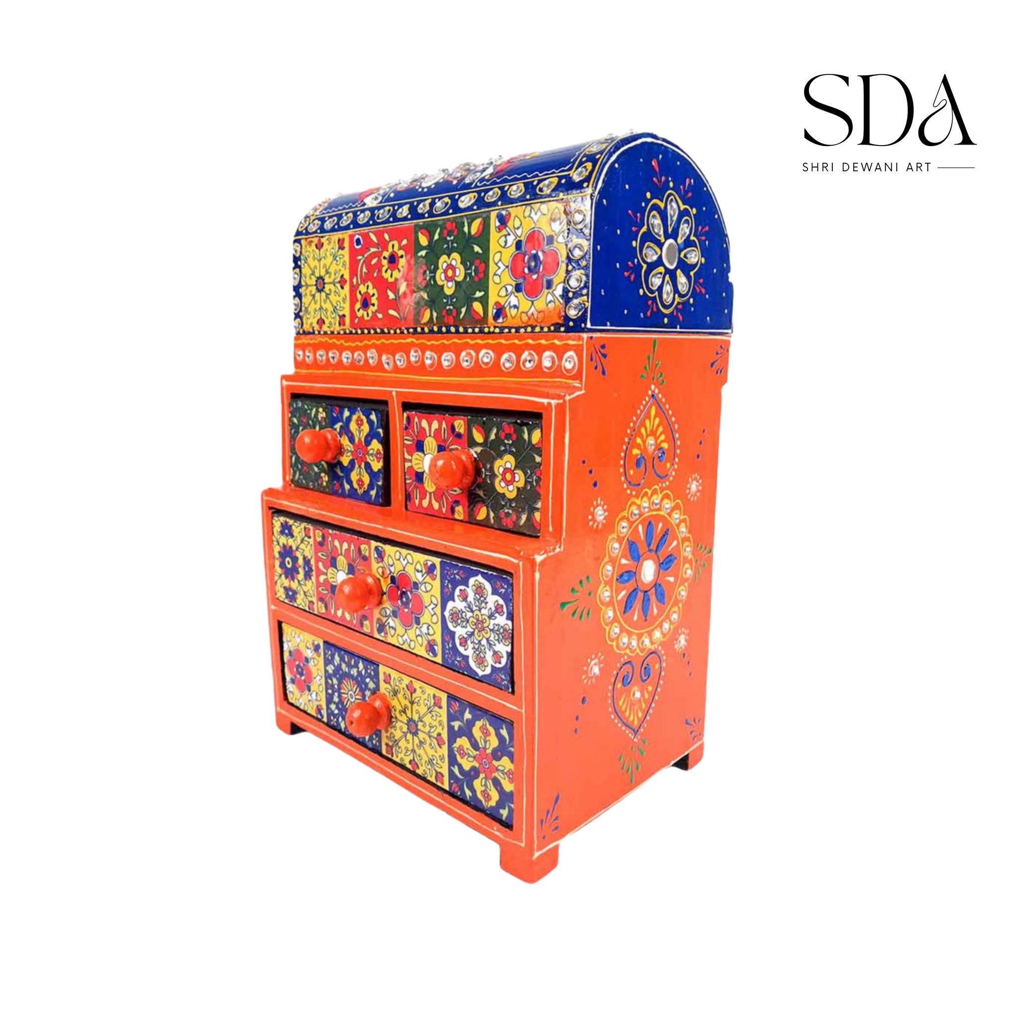 SHRI DEWANI ART Wooden hand painted round top shape chest drawer , 5 drawer